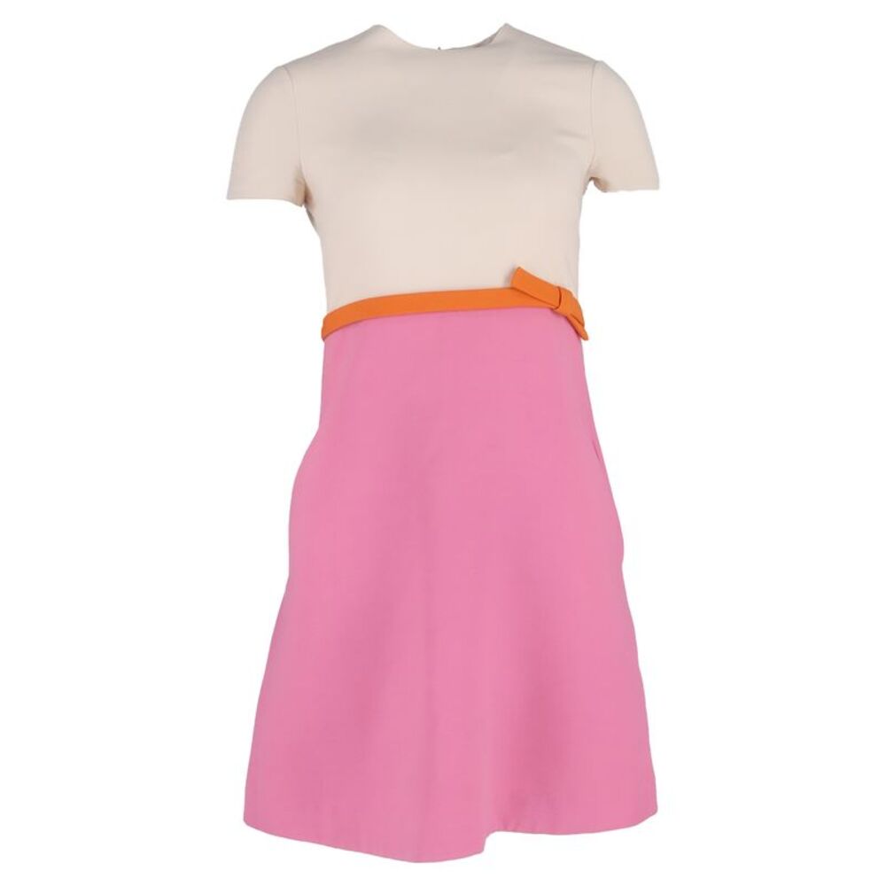 Valentino Colorblock Bow Detail A-Line Dress in Pink Wool